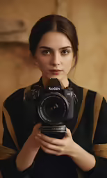 a woman is holding a camera up to her face