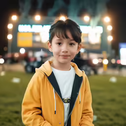 a young child in a yellow jacket standing outside