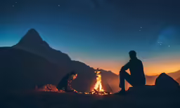 two people sitting near a fire with the sky full of stars in the background