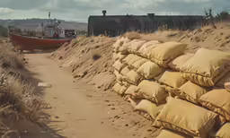 a field with sandbags and a boat in the background