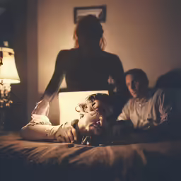 a girl holding a laptop computer while a man watches