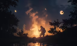a person standing next to a fire in the night