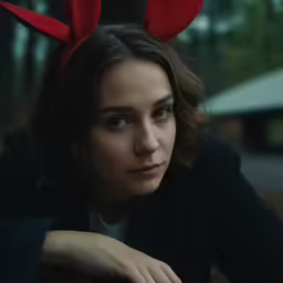 a woman sitting and staring at the camera