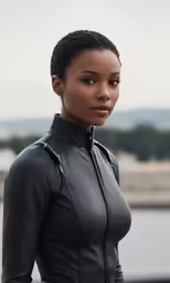 a young woman poses in a wetsuit near a body of water