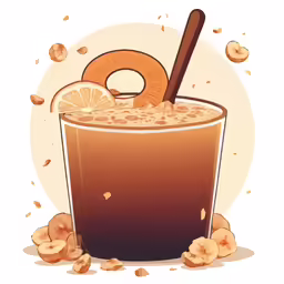 a glass filled with liquid, a donut and a spoon