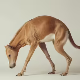 an exotic looking dog walks away while on a light background