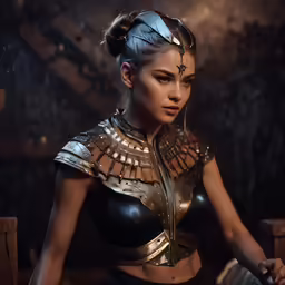 a woman with metallic armor, armor and sword