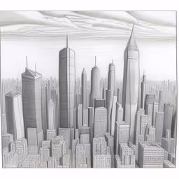 a pencil drawing of a cityscape,a drawing of an urban city with tall buildings