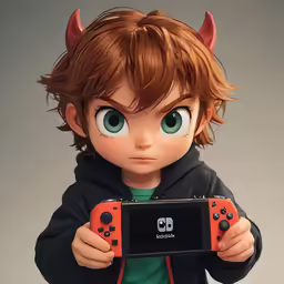 a young boy with horns holding a nintendo wii game console
