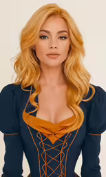 a woman with long blond hair wearing a blue dress