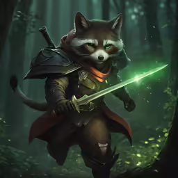 a racoon is holding a green and glowing sword in the woods