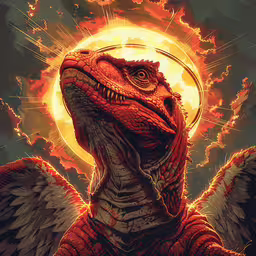 an illustration of a godzilla with wings,a picture of a big orange lizard with white wings and large eyes