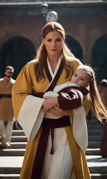 the woman carries a child in her arms
