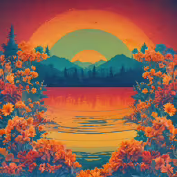the flowers and trees are in a frame near the water,a lake that has water and flowers on the sides