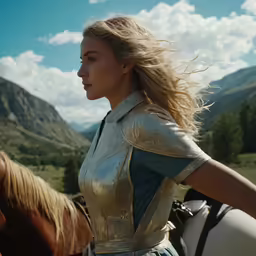 the woman riding on top of a horse is wearing a golden and silver dress