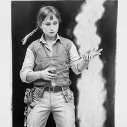 a woman is wearing a hat, vest and gloves