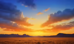 a field that has the sun setting in the background