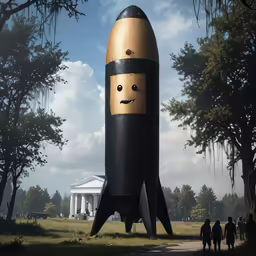 a large black and yellow rocket sitting in the middle of a park