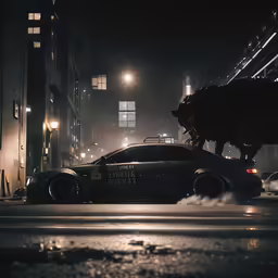 a black car is parked in front of a tall building