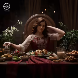 a lady in a victorian costume holds her head in her hands while eating