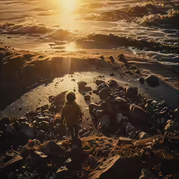 a little kid standing on rocks looking out to sea