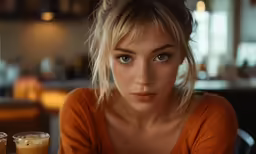 a woman sitting at a table next to two glasses