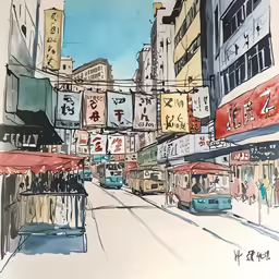 an ink drawing of a city street with stores and cars