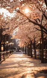 some trees on both sides of a path and a fence