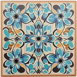 a painting of blue and orange flowers with black dots,a painting that is very elaborate with many colors