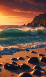 the sun setting over an ocean with rocks and waves,a sandy beach covered in water with a lot of waves