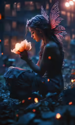 a pretty young lady with butterfly wings holding a flower