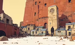 the man stands in front of the buildings in the snow