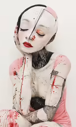 a child with his head in their hands with blood smeared all over them