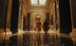 a man and a woman walking down a hallway holding hands