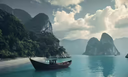 boats on the water next to several mountains