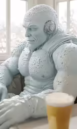the giant female figure is looking on next to a cup
