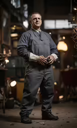 man in grey shirt and white gloves standing in a shop