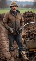 a farmer in his dirt field with a wheelbarrow