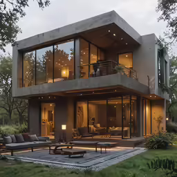a large concrete building has a living room with glass doors