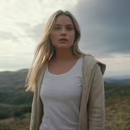 a beautiful blonde haired woman looking at the camera