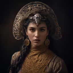 a woman in a medieval look wearing a large hat and earrings