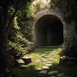 an outdoor area with stones and green grass