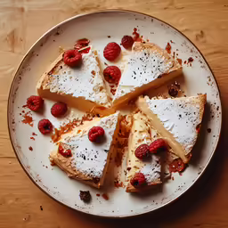 a plate with dessert on top of it that has raspberries scattered on top