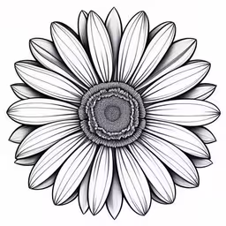 black and white flower clip art with a circular centered daisy,an intricate flower on a white background,a drawing of a flower with black and white petals,a daisy flower is shown in a black and white drawing,a flower with large petals and leaves in the middle of it