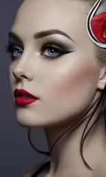 a woman with red lipstick is shown with a black and white comb