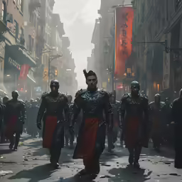 a gang of people in fancy clothes walking down the street