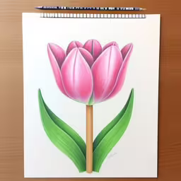 the picture has been drawn in color and shows a pink tulip,this is a drawing of a flower on the paper,a drawing of flowers on a white sheet of paper,there is a drawing of a tulip on the table,a drawing of pink flowers with green leaves on white paper
