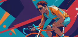 a painting of a bicycle rider with sunglasses on his face,a man in sunglasses riding on a bicycle