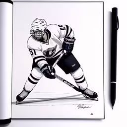 the hockey player is on his knees drawing,a drawing of a hockey player going for the puck