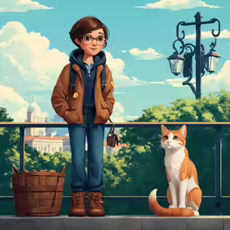 a person standing next to a cat on top of a ledge
